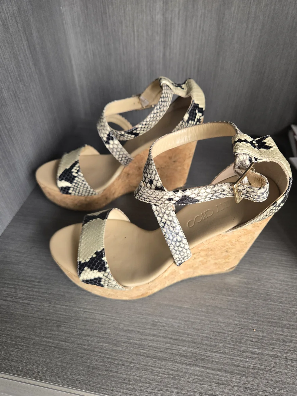 Jimmy Choo Snake-Print Cork Wedge Sandals in Black and Cream - Picture 1 of 5